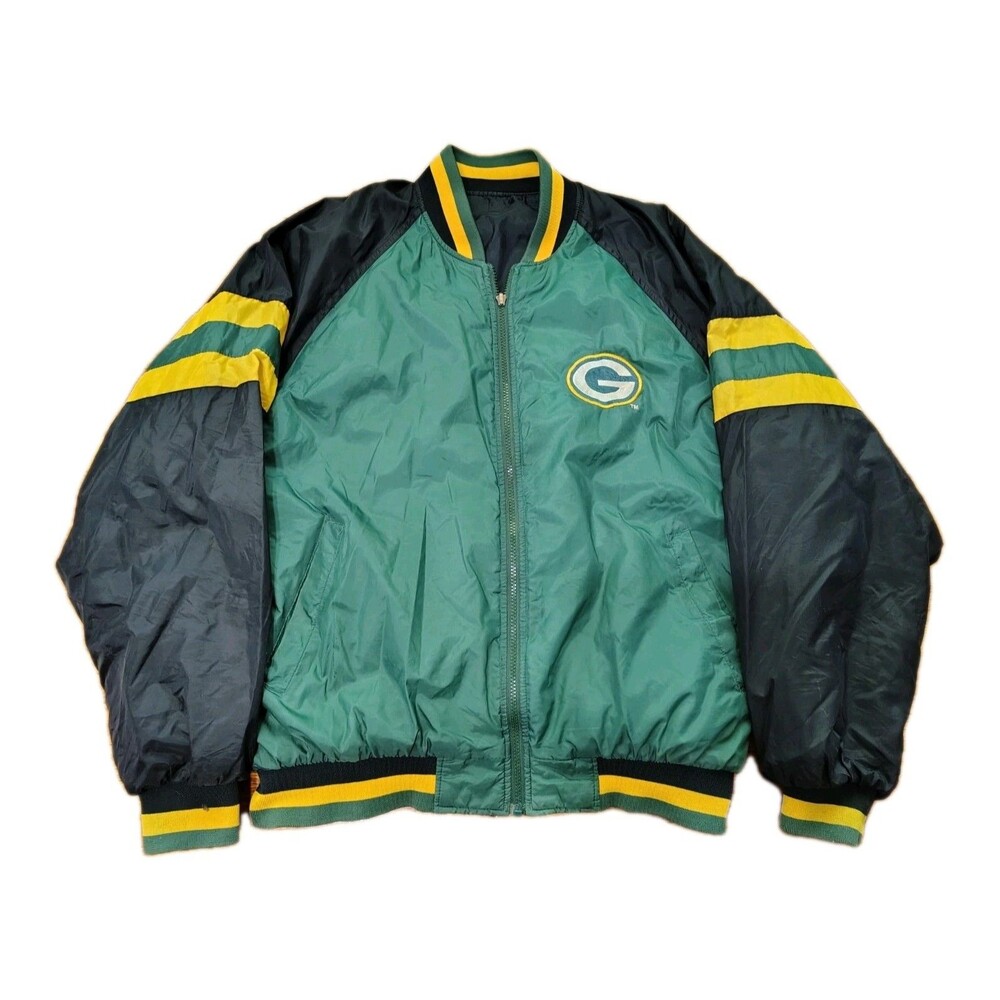 Vintage Green Bay Packers Jacket Nylon Reversible To Black Mens XL Coat Lined
